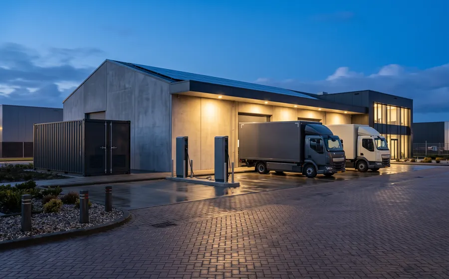 Laadpunten en een gecontaineriseerd batterijsysteem bij een distributiepand in de avond