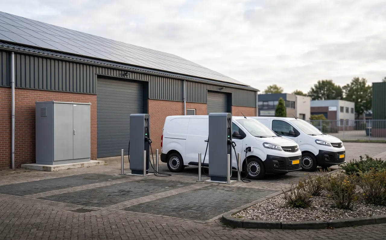 Twee elektrische bestelbussen aan laadpunten op een bedrijfsterrein, met de batterijkast tegen de gevel